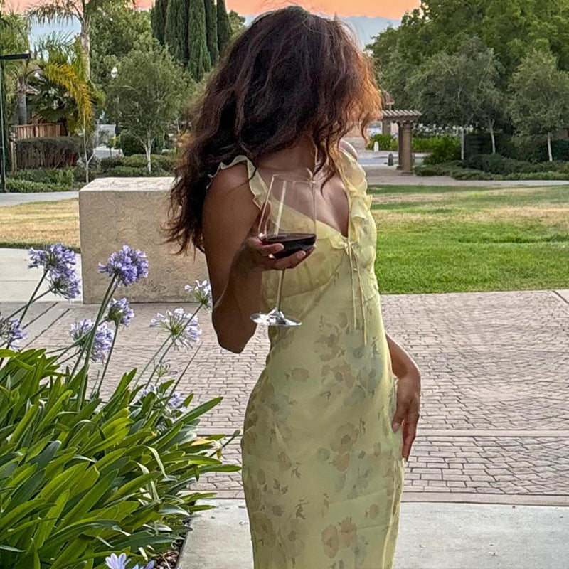 Sommer Damen Sexy tief ausgeschnittenes, sexy Vintage-bedrucktes, figurbetontes Trägerkleid