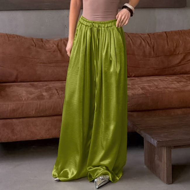 Women Solid Color Satin Imitation Acetate Trousers Women Commuting Elegant High Grade Casual Loose Wide Leg Pants