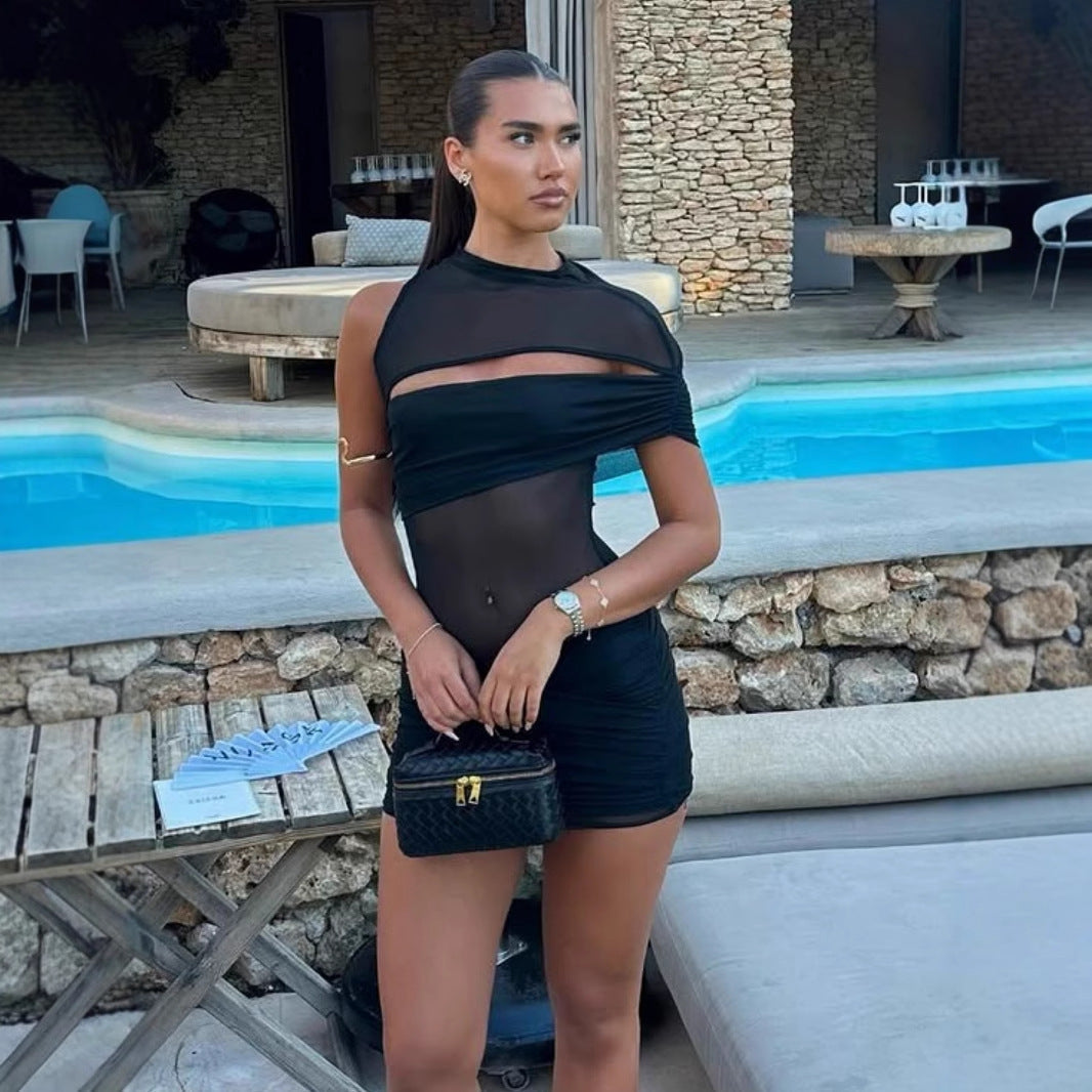 Frauen Nähen Sexy Durchsichtig Schulterärmelloses Plissiertes Hüftkleid