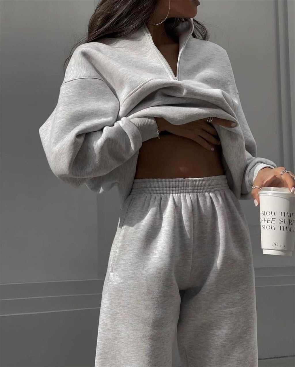 Damen Langarm Stehkragen-Pullover mit Reißverschluss, zweiteiliges Set, Herbst und Winter, bequem, locker, sportlich, lässig