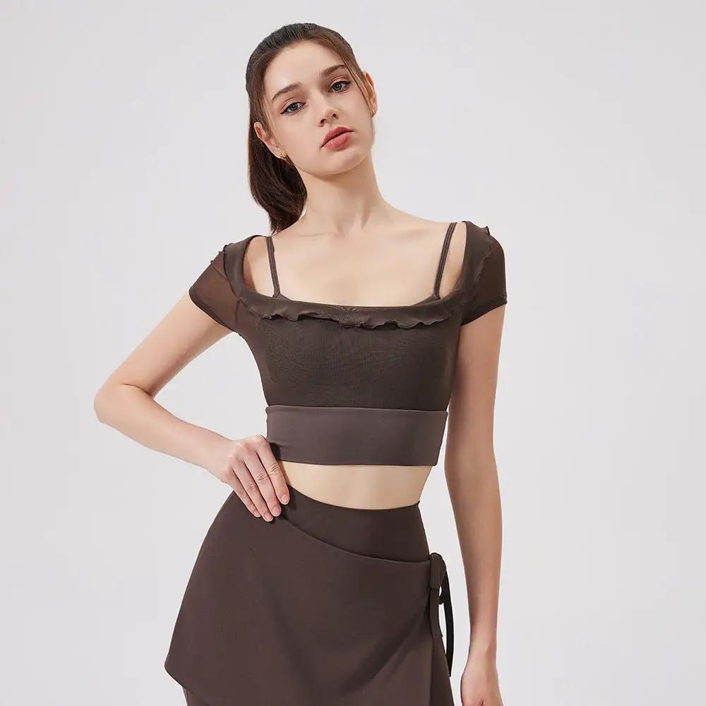 Sexy Spitze Mesh Yoga Kleidung Kurzarm Laufend Schnelltrocknender Sport-BH mit Brustpolster Einteilige Cup Trainingskleidung