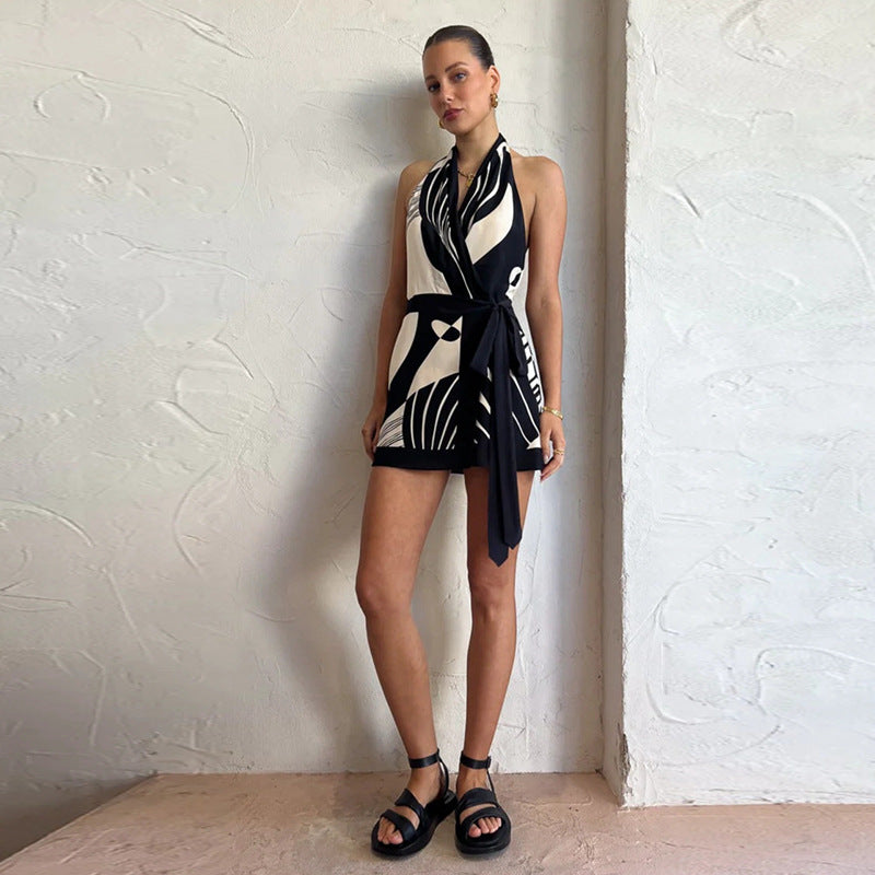 Damen Nordisch Klassischer Druck Sexy Neckholder Rückenfreies Kleid Schlichtes Tailliertes Kurzes Kleid für Damen