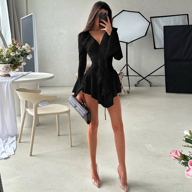 Herbst Damen Kleidung V-Ausschnitt Schmale Passform Gebundenes Rüschen Glockenärmel Kleid