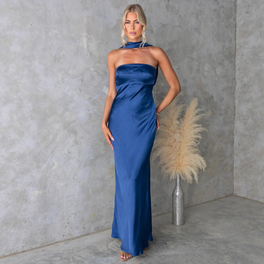 Sommer Damen Kleidung Sexy Neckholder Satin Merzerisiertes Maxikleid