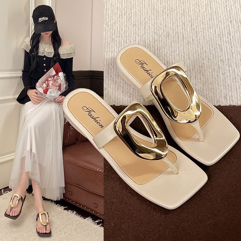 Square-toe open-toe thong sandals by SHOPEZRA L.L.C. with metal buckle, breathable summer design, casual flat outdoor footwear