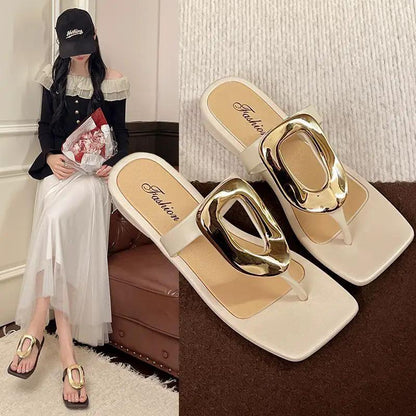 2025 New Style Square-Toe Open-Toe Thong Sandals for Outdoor Wear, Versatile Clip-Toe Casual Flat Sandals with Metal Buckle, Niche Summer Breathable Design by Dropshipman