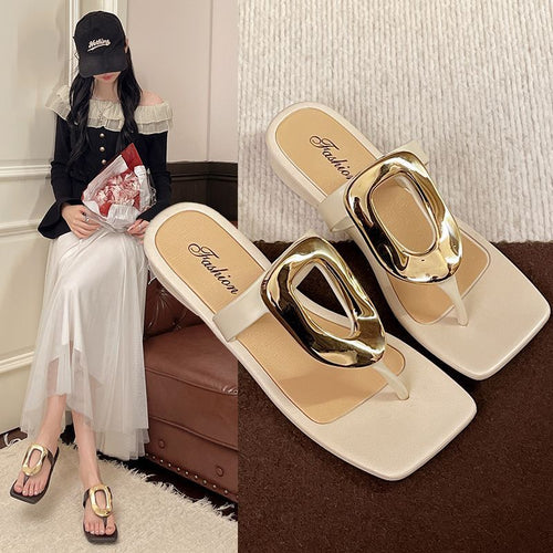 Square-toe open-toe thong sandals by SHOPEZRA L.L.C. with metal buckle, breathable summer design, casual flat outdoor footwear