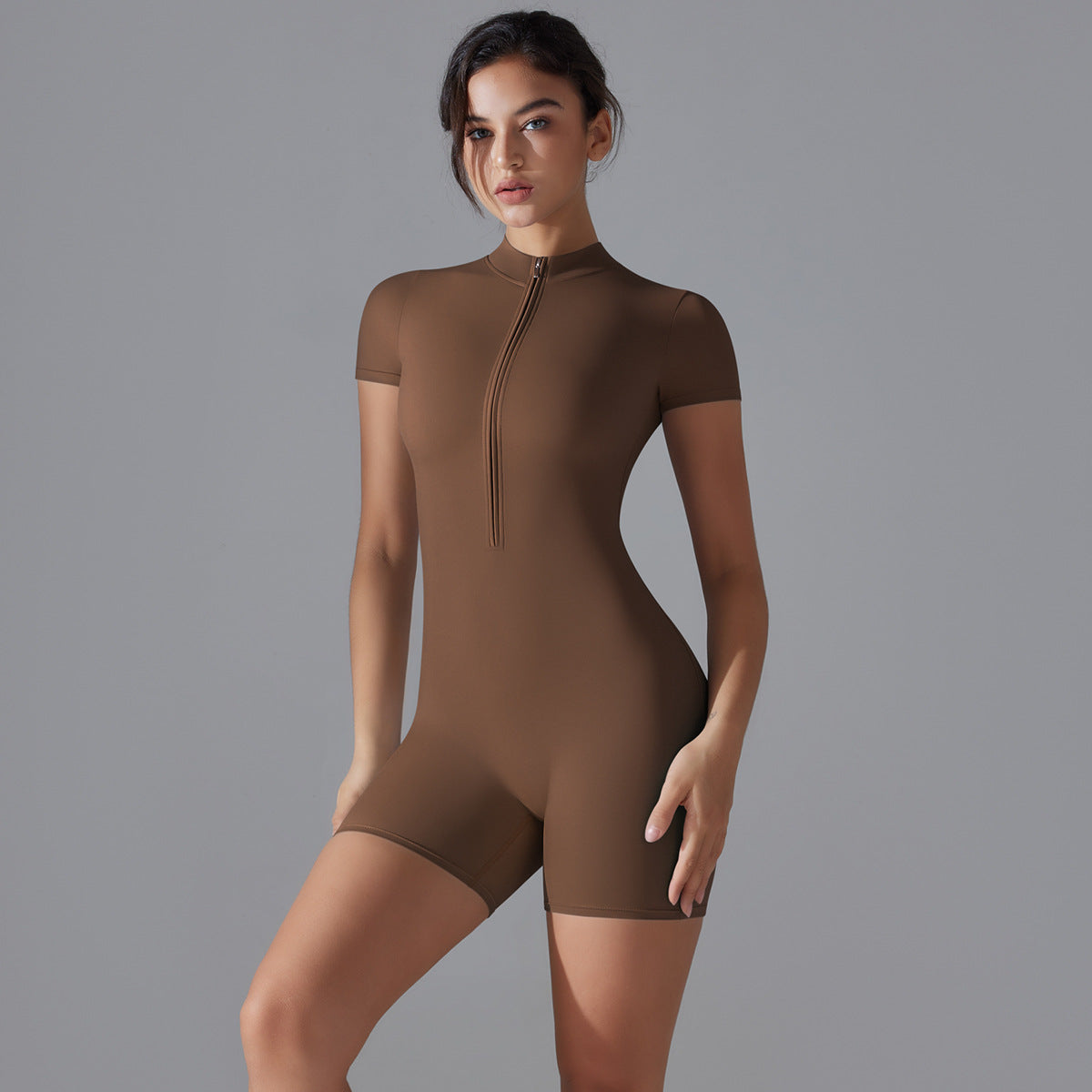 Einteiliger Damen-Sport-Jumpsuit für Yoga, Tanz und Fitness, figurbetont, kurzärmlig, mit Reißverschluss, einfarbig, Sommer