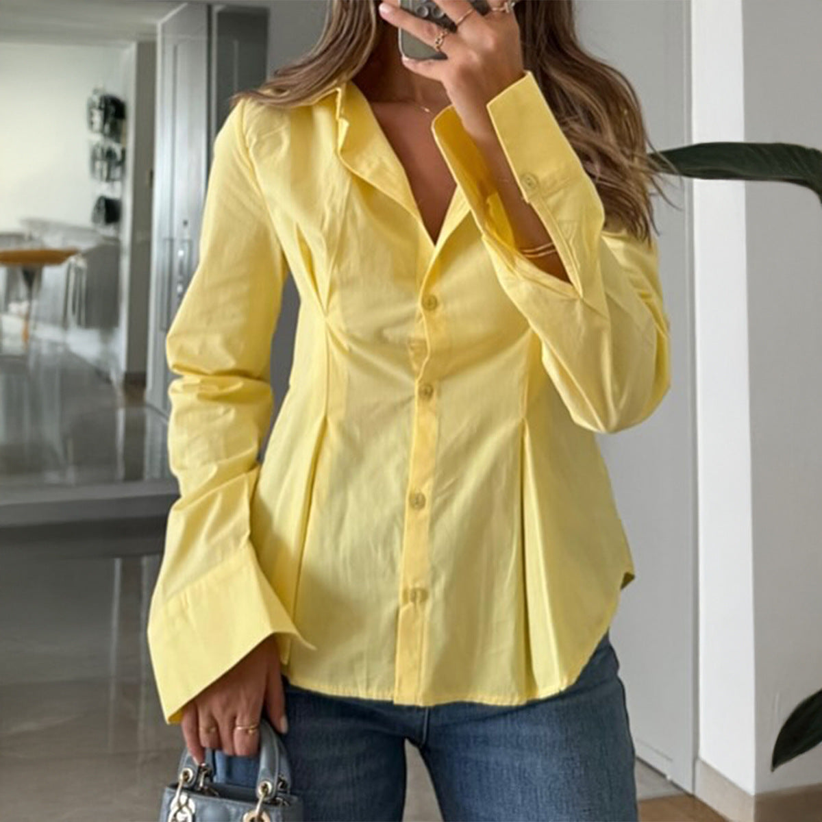 Women Clothing Autumn Elegant Solid Color Buttons Long Sleeve Shirt Top