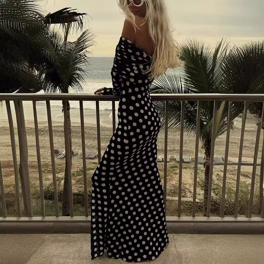 Frühling Sommer Gaze Polka Dot Nähte Off Shoulder Sexy Enges Kleid für Frauen