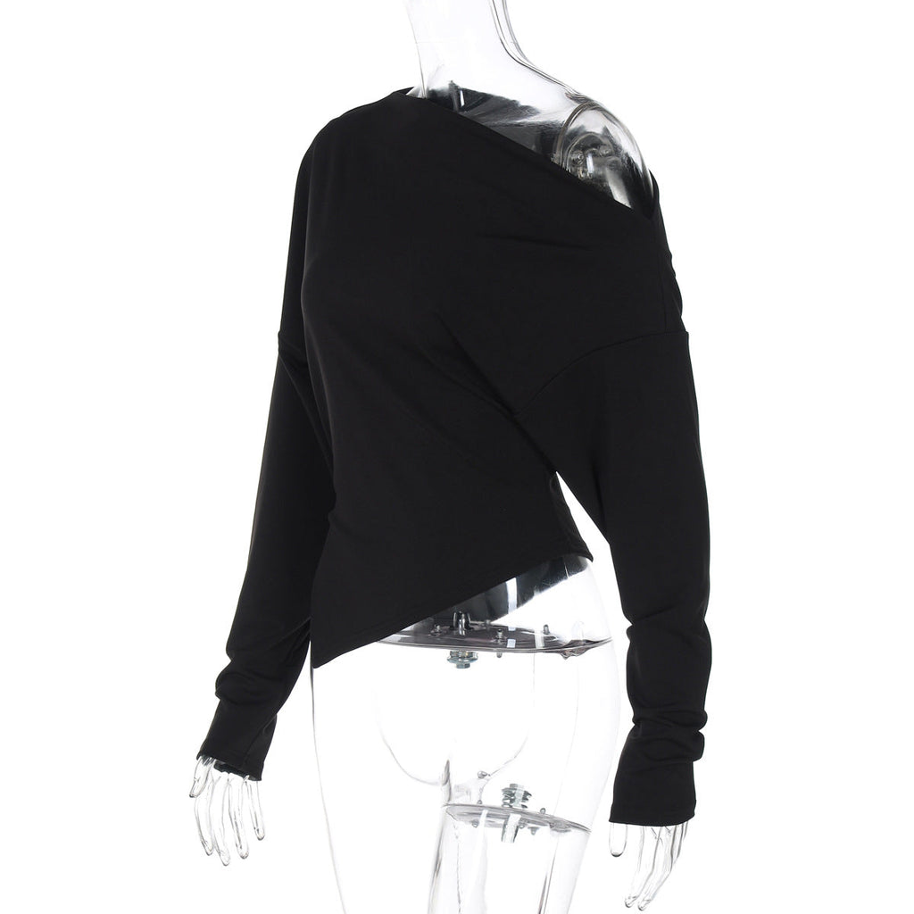 Women Clothing Summer Simple Shoulder Stretch Slim Fit Slit Long Sleeve T shirt Top