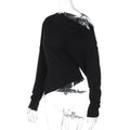 Women Clothing Summer Simple Shoulder Stretch Slim Fit Slit Long Sleeve T shirt Top