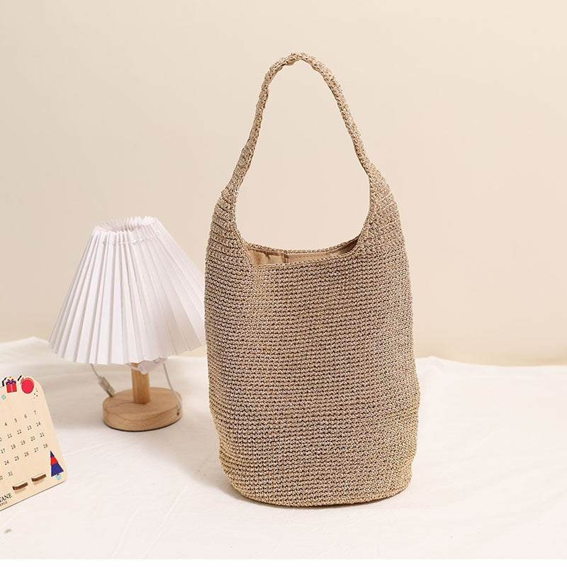 Lässige große Stroh-Schultertasche, tragbare Korbtasche, gewebte Tasche, Urlaub, Strandtasche, Damentasche