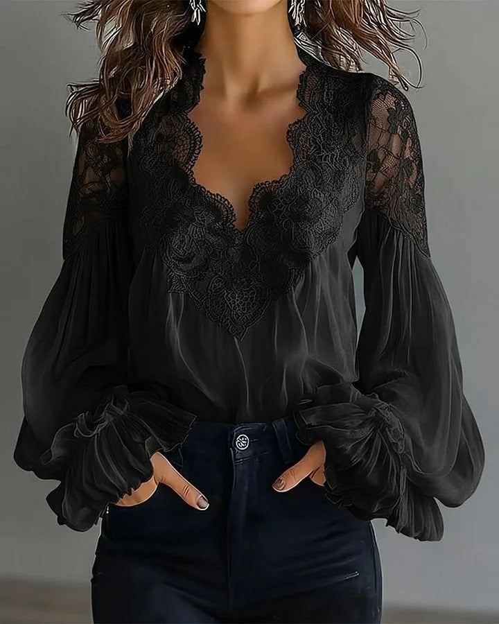 Women Lace Stitching Puff Sleeve Pleated Shirt