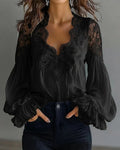 Women Lace Stitching Puff Sleeve Pleated Shirt
