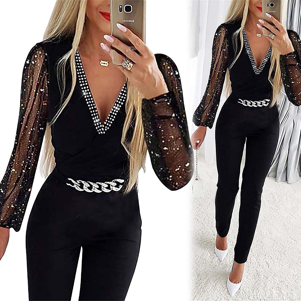 Herbst Damenbekleidung, einfarbig, V-Ausschnitt, Langarm, Strass, hohe Taille, professioneller Freizeit-Jumpsuit