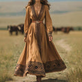 Herbst Damen Langarm bedrucktes V-Ausschnitt Maxikleid