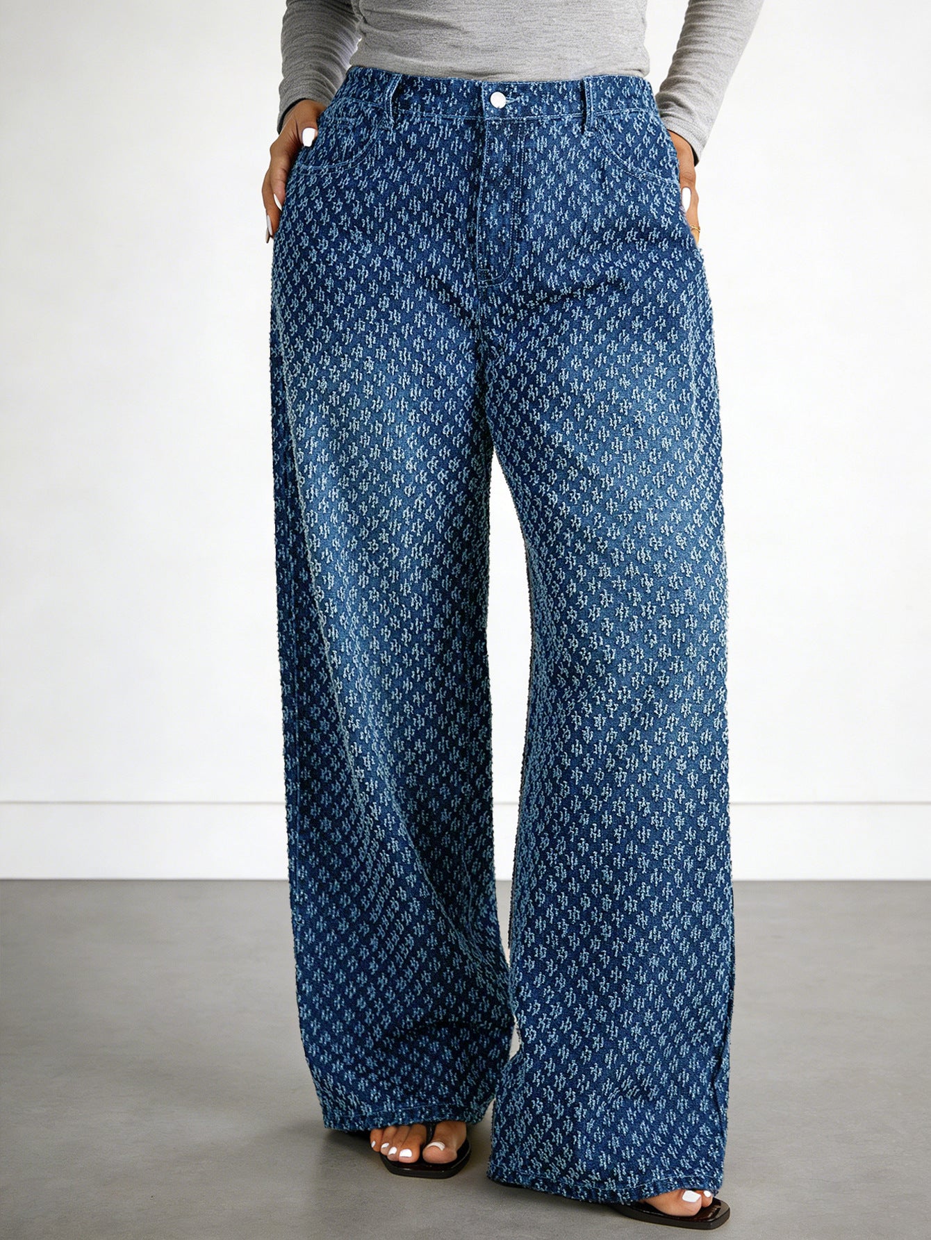 Plus Size Women Starry Sky Straight Loose Drooping Jeans Crocheted High Street Niche Design Wide Leg Pants