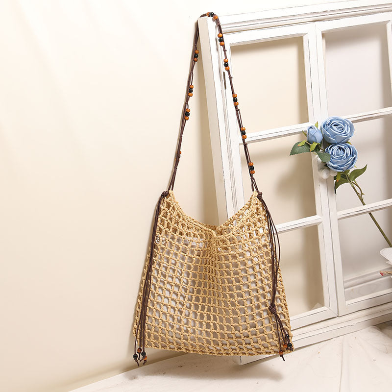Sommer Strohgewebte Tasche mit Schnürmuster, geeignet für Damen, Strandurlaub, Strandtasche
