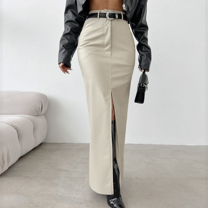 Herbst Premium Eleganter Fleecegefütterter Mattleder-Rock mit hoher Taille, schmaler Passform, sexy Schlitz, gerader Schnitt für Damen, ohne Gürtel