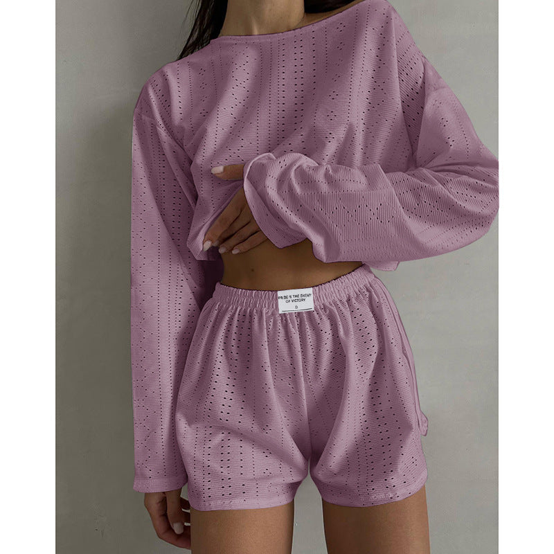 Herbst Damen Einfaches Slim Fit Lockeres Pullover-Top Shorts-Set