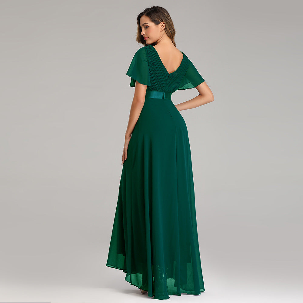 Handgefaltetes großes V-Ausschnitt Chiffonkleid mit Gummizug für Damen, Bankett, Brautjungfern, Abendkleid