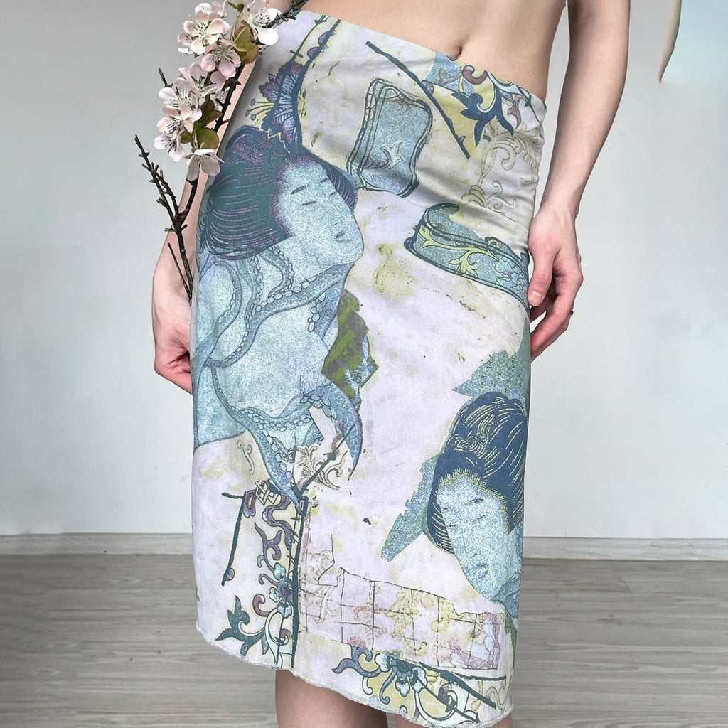 Artistic Retro Japanese Abstract Printing Elegant Graceful Skirt Vacation Sexy Special Interest Hip Skirt
