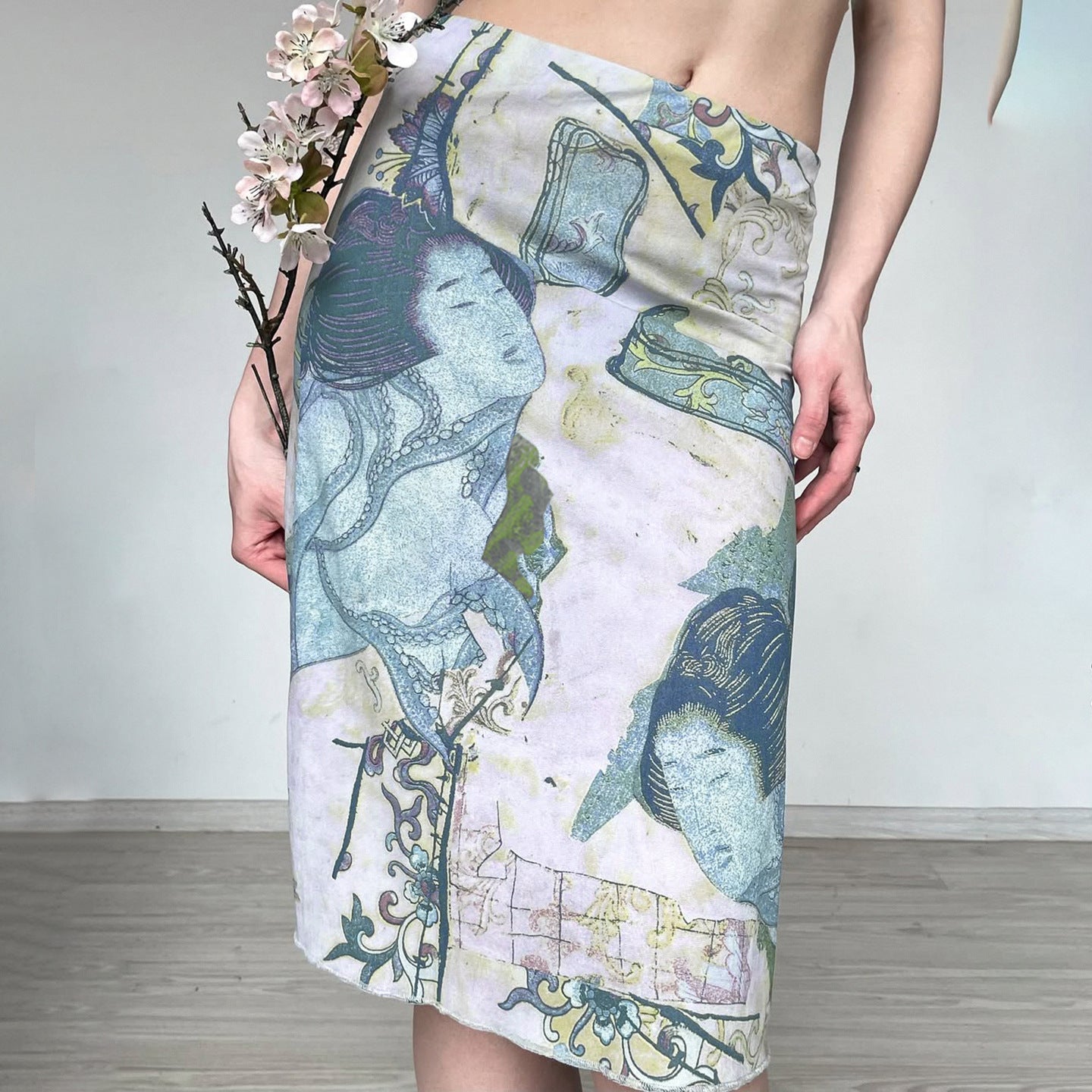 Artistic Retro Japanese Abstract Printing Elegant Graceful Skirt Vacation Sexy Special Interest Hip Skirt