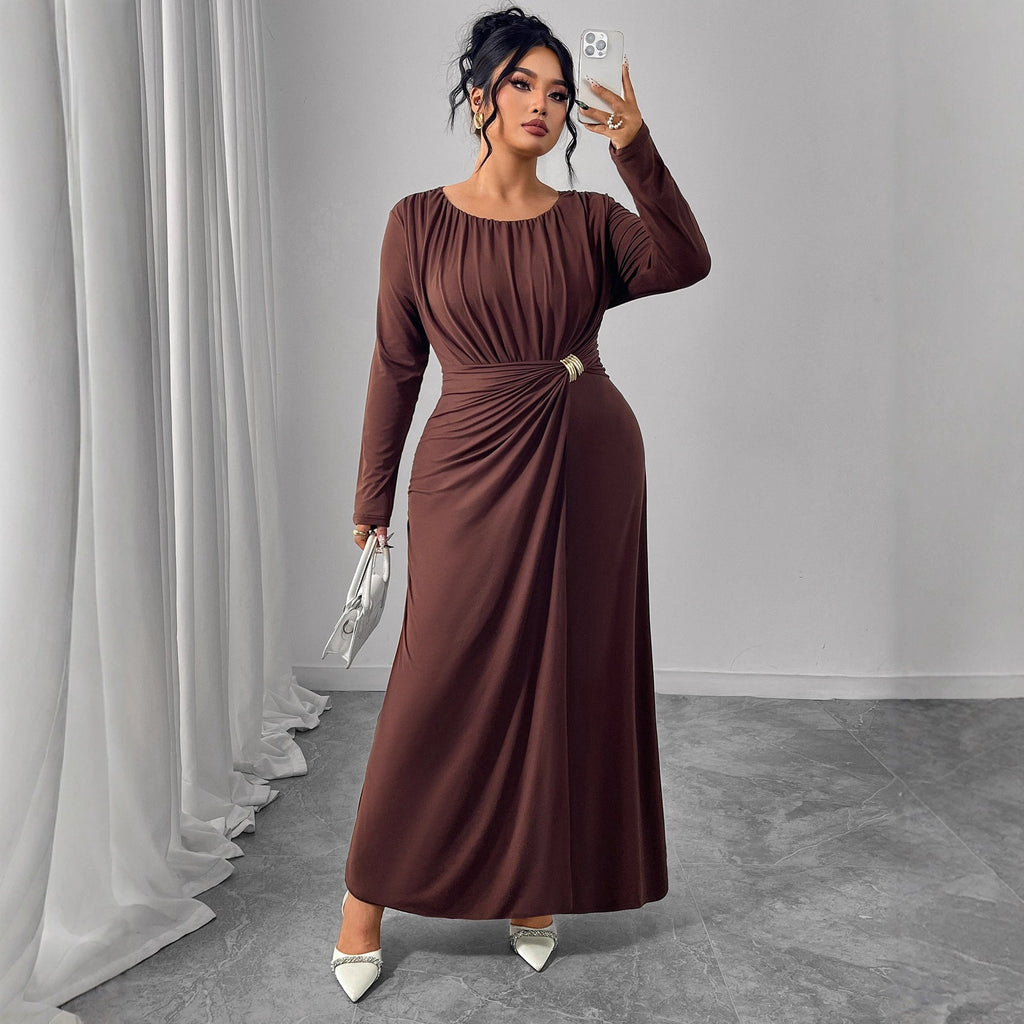 Plus Size Herbst Winter Braun Kleid Damen Kleidung Rundhals Langarm Taillen Design Plissee Kleid