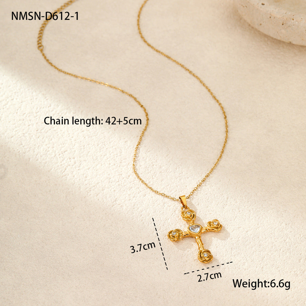 Elegance Retro Advanced Necklace Stainless Steel 18K Gold Color Diamond Rose Cross Embellished