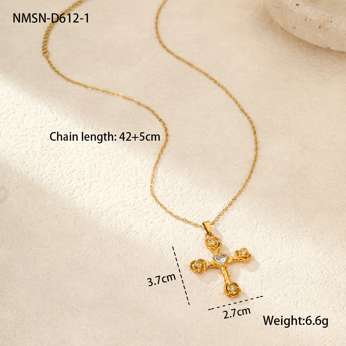 Elegance Retro Advanced Necklace Stainless Steel 18K Gold Color Diamond Rose Cross Embellished