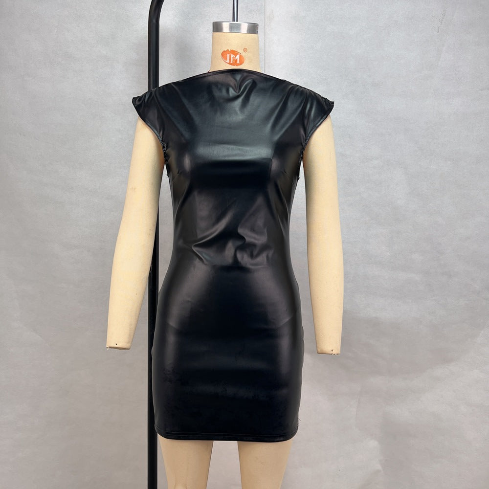 Slimming Sheath Dress Women Clothing Sexy Sleeveless Waist Faux Leather Nightclub Dress