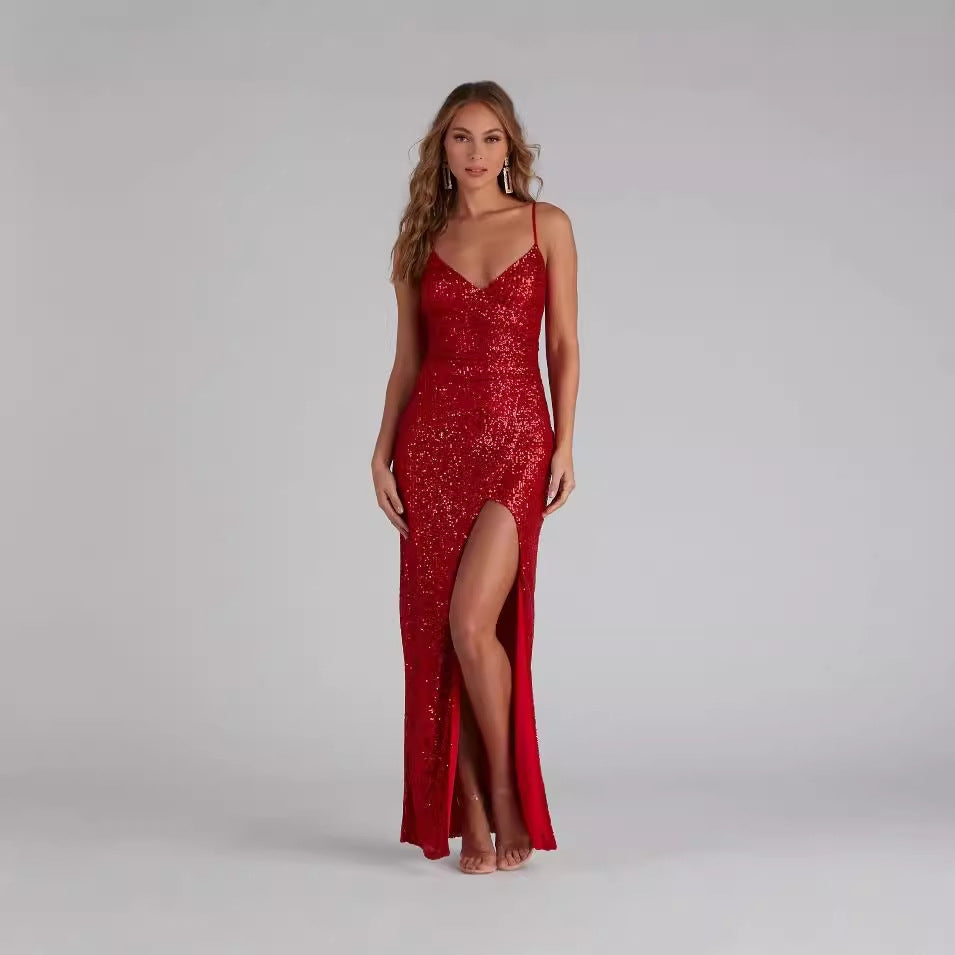 Pailletten-Trägerkleid Sommer Host Cocktail Sexy Ballkleid Abendkleid