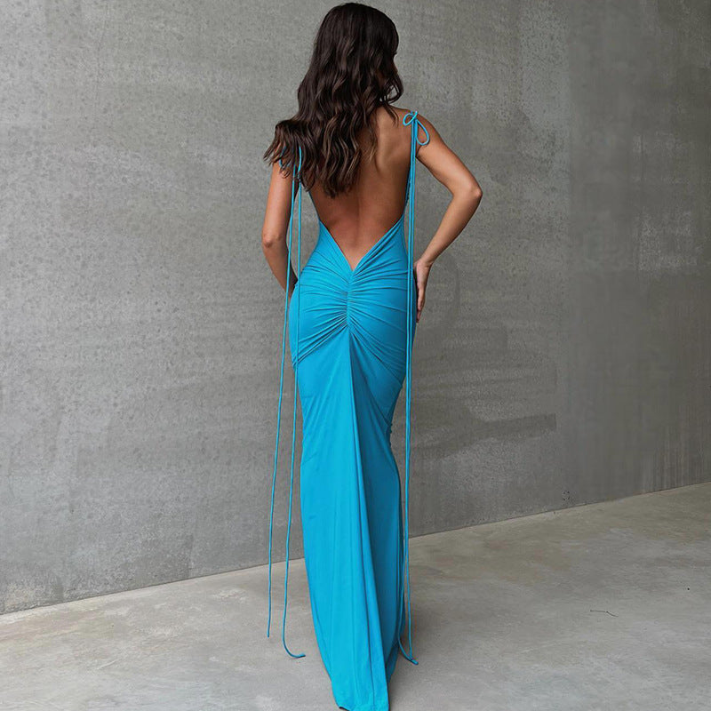 Einfarbiges, sexy, rückenfreies, plissiertes, langes, elegantes, figurbetontes Spaghettiträgerkleid für Damen