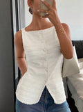 Elegant Single Breasted round Neck Sleeveless Slim Vest Solid Color Women Top