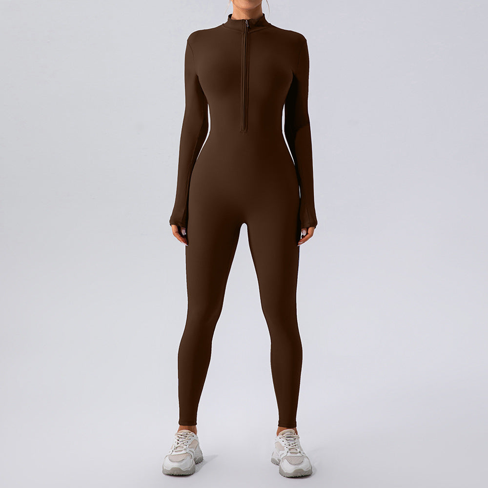Reißverschluss Nude Feel Langarm Yoga Jumpsuit Damen Sport Fitness Training Tanz Einteiler Bodysuit
