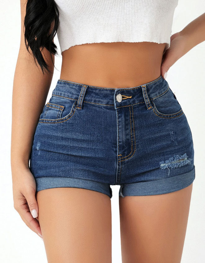 High Waist Elastic Slim Fit Ripped Jeans Shorts Women