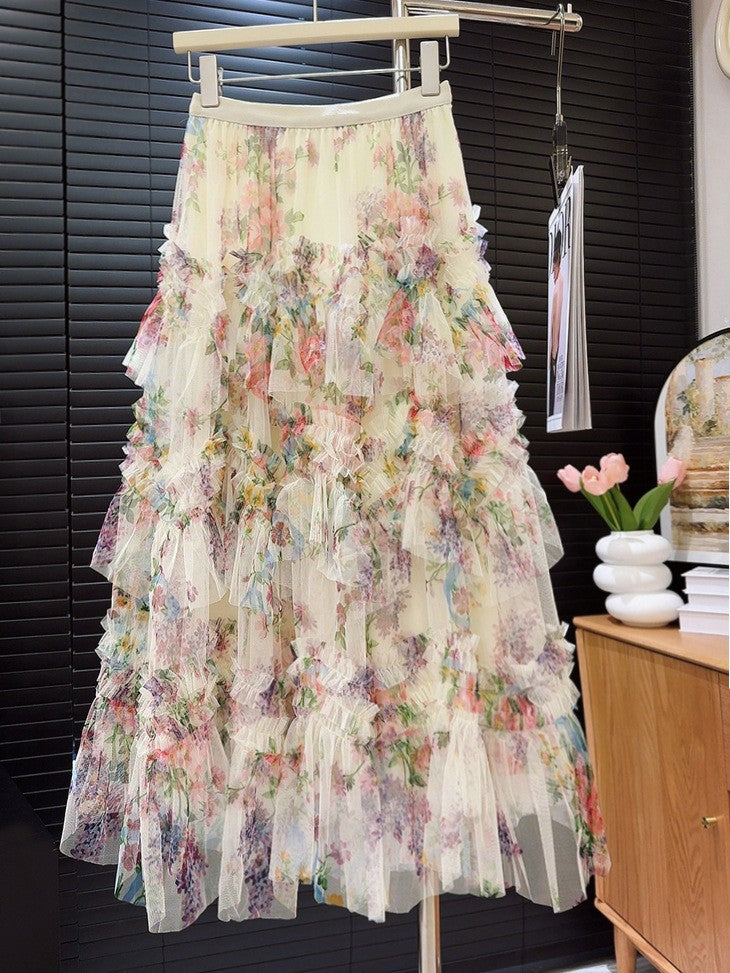 Heavy Industry Stitching Printing Net Yarn Cake Skirt Skirt Women Floral Puffy Long Skirt