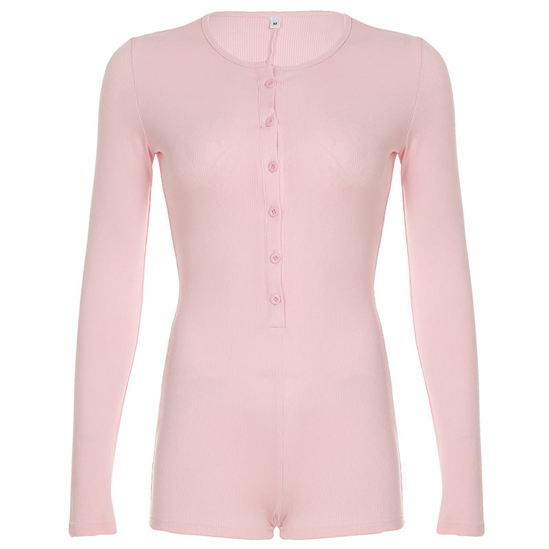 Einfarbiger Jumpsuit Herbst Schlankmachend Geknöpfter Bottoming Sexy Langarm-Einteiler
