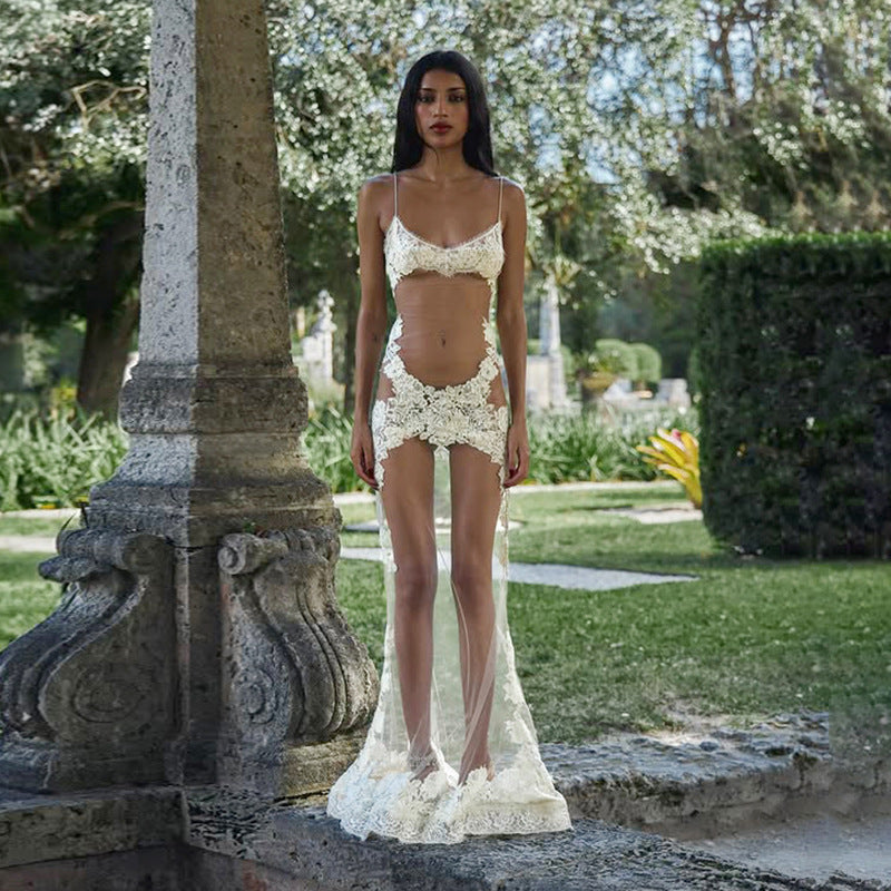 Sommer Damen Mesh Spitze Spaghetti-Träger Kleid Durchsichtig Sexy Nachthemd Urlaub Maxikleid