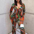 Damen Sexy Print Hemd Weite Hose Lässig Zweiteiler Fallender tiefer V-Ausschnitt Badeanzug