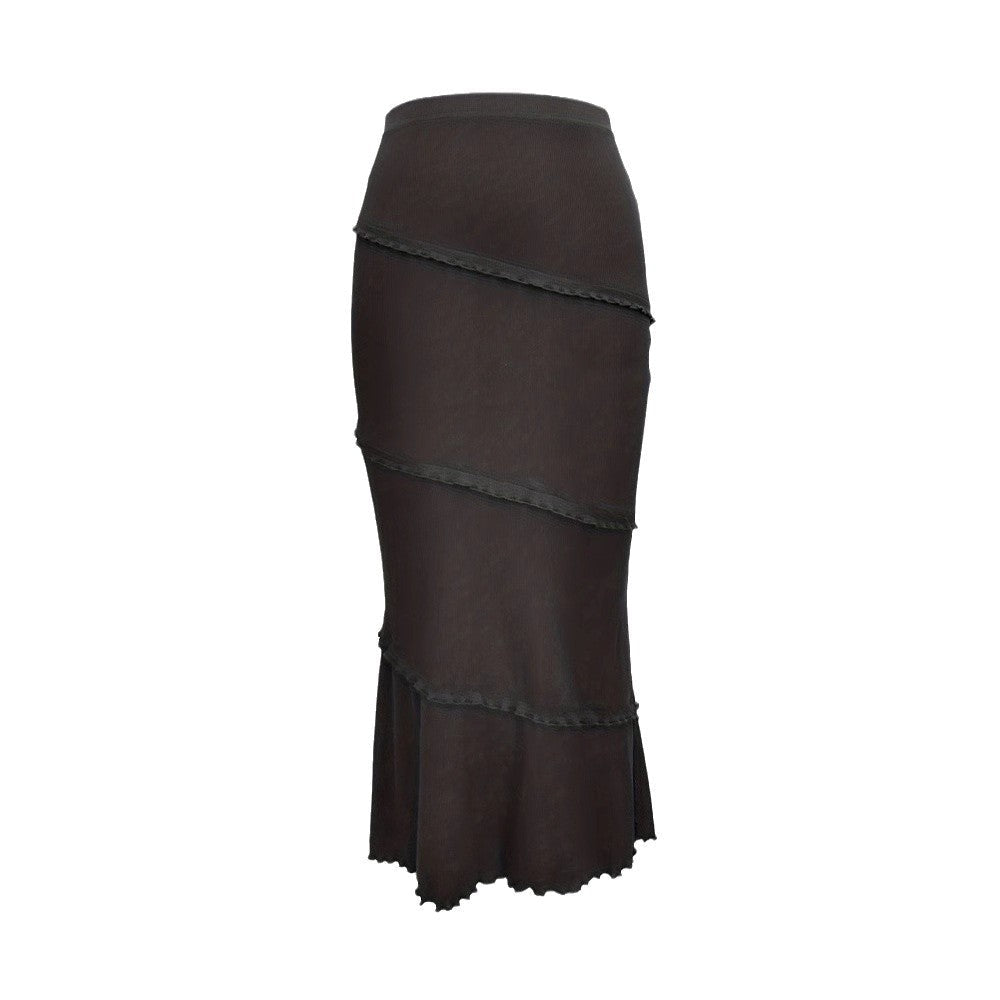 Rock Schwarz Herbst Winter Damen Kleidung Einfarbig Mehrlagig Nähte Holzohr Gestrickter Fishtail Rock Stufenweiser Lotus