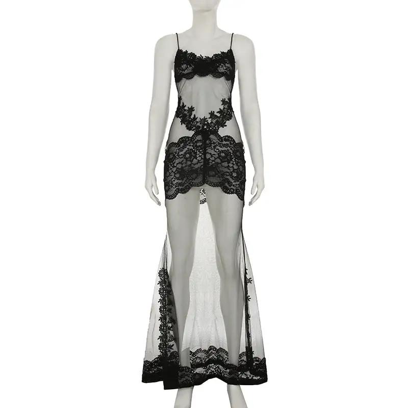 Summer Women Mesh Lace Lace Spaghetti Strap Dress See through Sexy Nightdress Vacation Maxi Dress by Wanita Store