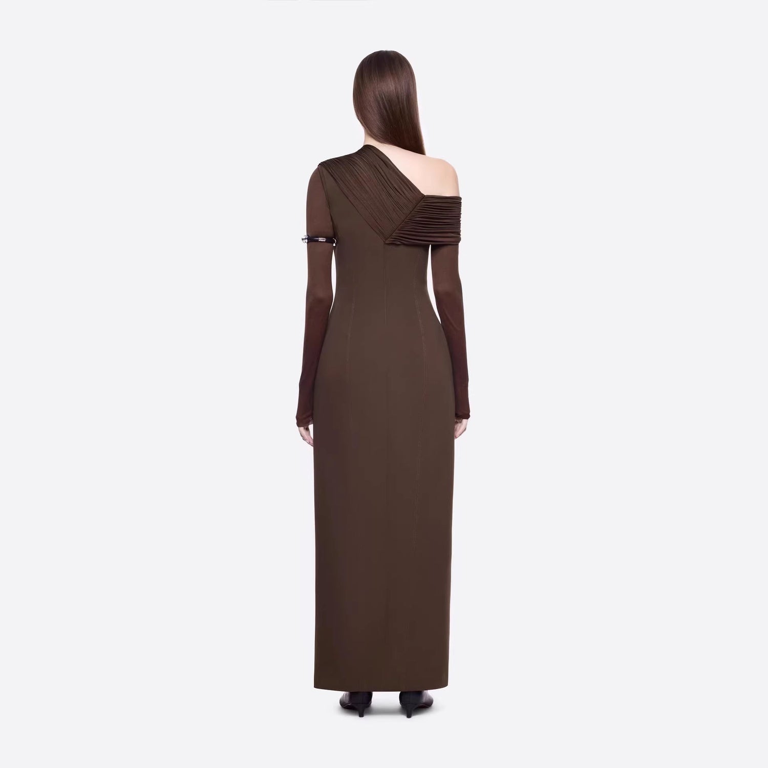 Spring Dark Brown One Shoulder Dress Pleated High Slit Maxi Dress the Dinner Party Host