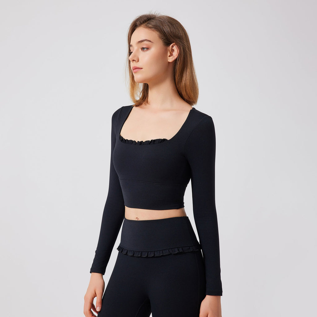 Herbst Winter Nude Feel Spitze Yoga Kleidung Langarm Semi Fixed Cup Laufen Schlank Sport BH Atmungsaktive Workout Kleidung Top