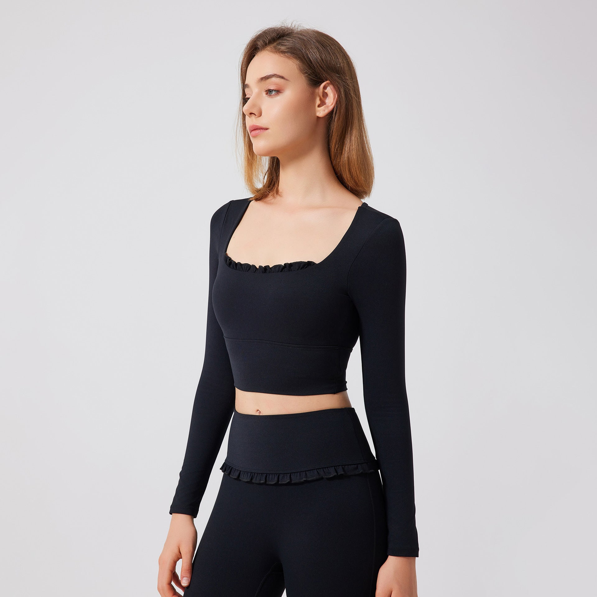 Herbst Winter Nude Feel Spitze Yoga Kleidung Langarm Semi Fixed Cup Laufen Schlank Sport BH Atmungsaktive Workout Kleidung Top