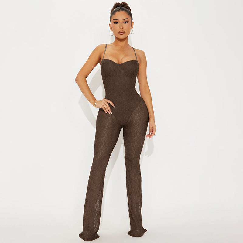 Damen Kleidung Sexy Spitze Tube Tops Riemen Rückenausschnitt Micro Transparente Mesh Hose Jumpsuit Damen