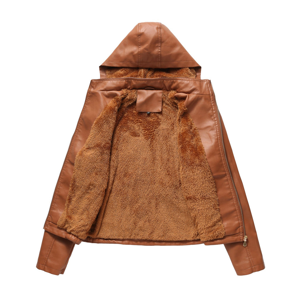 Herbst Winter Kapuzen-Ledermantel Damen Abnehmbare Kapuze Langarm Reißverschluss Fleece-gefütterte Lederjacke Schmaler Mantel