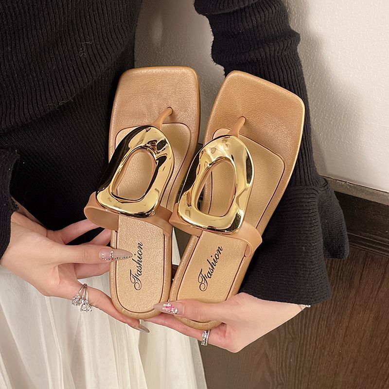 Square-toe open-toe thong sandals by SHOPEZRA L.L.C. featuring a metal buckle, breathable summer design, and casual flat style for outdoor wear.
