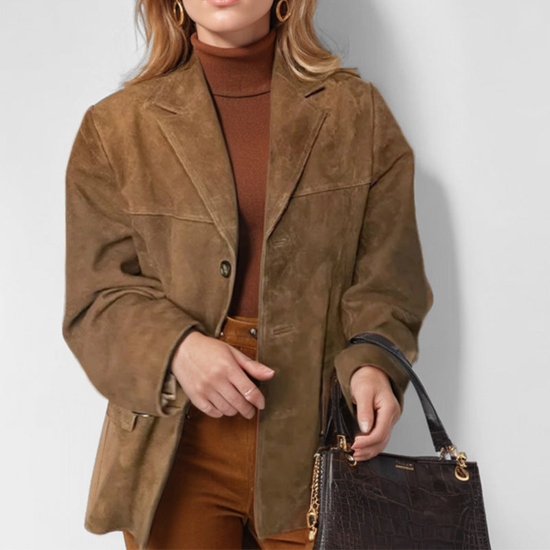 Herbst Damenbekleidung Eleganz Retro Braun Loose Taschen Langarm Blazer Damen